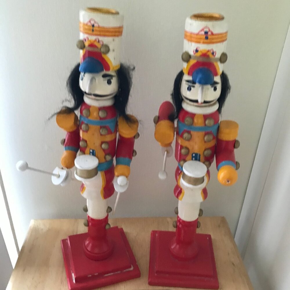PAir  Wood Nutcracker drummers   candle Holders ,Vintage 11.5" tall